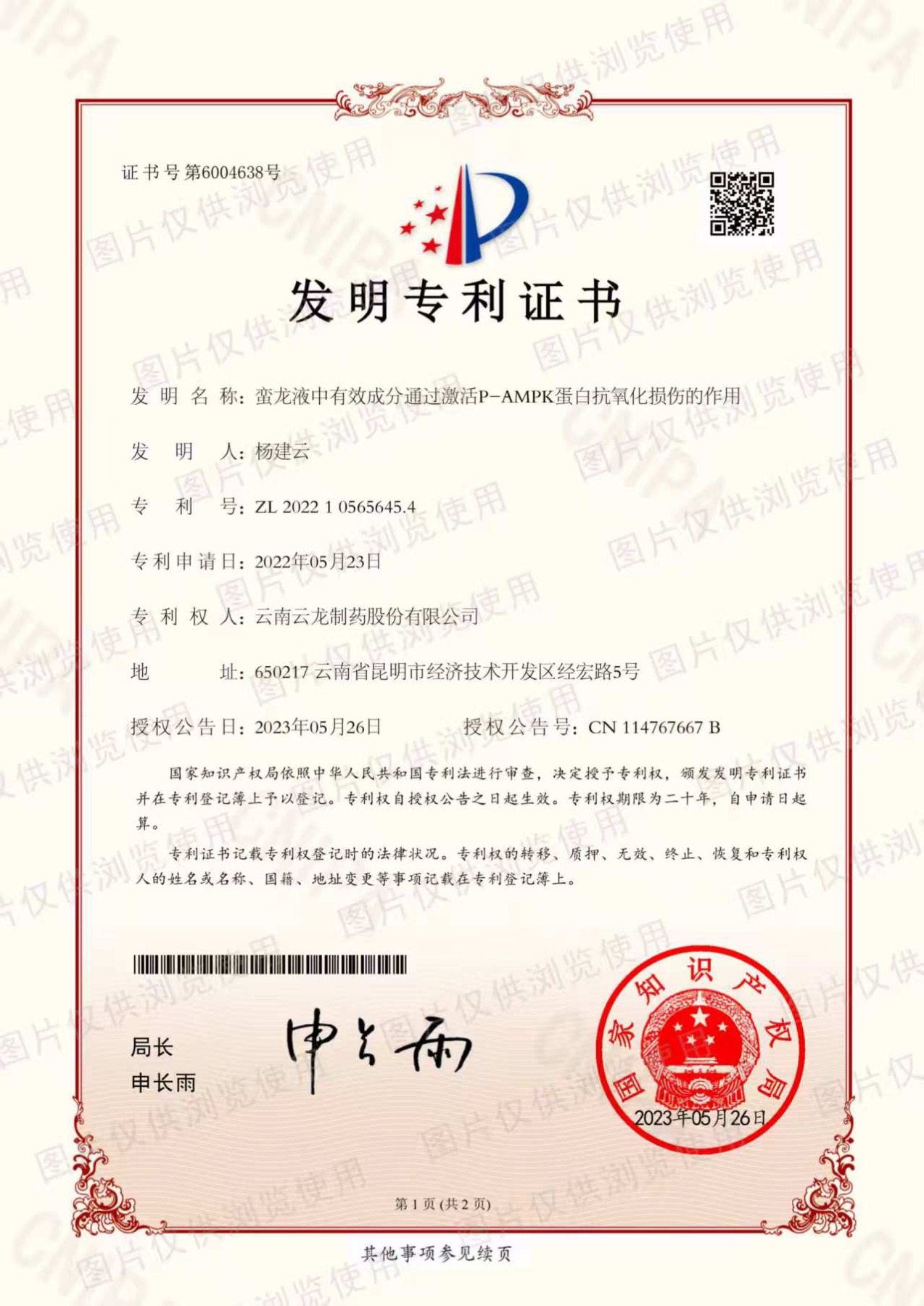 蠻龍液活性成分研究專利證書